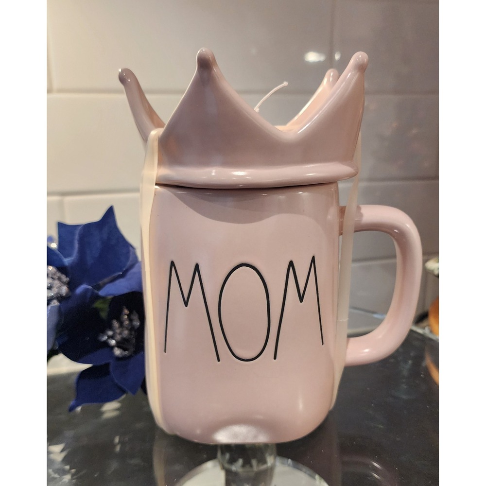 Rae Dunn MOM Mug with Pink Crown Lid Topper HTF Pastel Pink Magenta